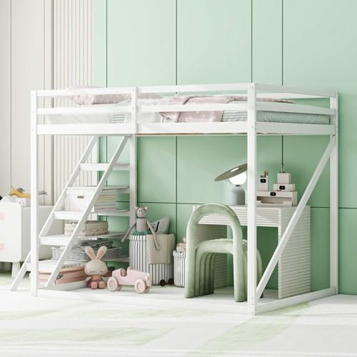 Sweiko Lit Enfant lit Mezzanine avec échelle de sécurité 140x200cm lit superposé avec Cadre à Lattes, lit Grenier avec Garde-Corps Haut White