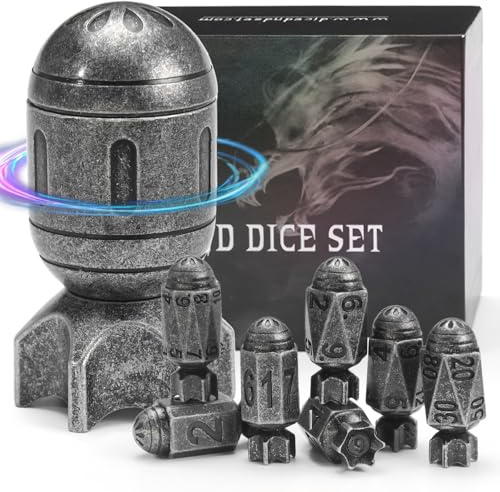 FONVGOGO Raketen Metall DND Würfel Set mit 7 Stück und Rotierendem Behälter in Raketenform Coole Bullet DND Würfelset für Dungeons and Dragons DND-Geschenk (Rakete Altes Silber)