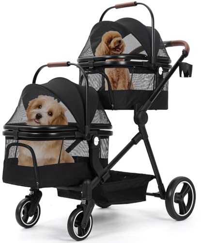 Passeggino pieghevole a doppio piano per due cani di piccola taglia o gatti (15 kg per livello), 3 in 1, con finestre a rete, guinzagli di sicurezza, spazio e portabevande – leggero e adatto per i
