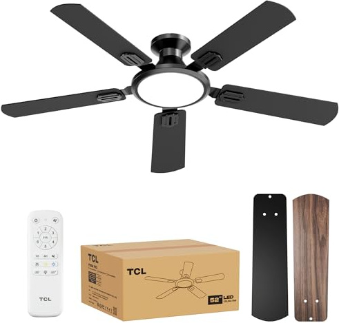 TCL 52 Low Profile Ceiling Fan with Light, Slim, Black, Flush Mount, DC Reversible Motor, 6 Speeds, Remote Control, Noiseless, Dimmable, LED Light, 3CCT, Modern Matte Black Ceiling Fan for Bedroom