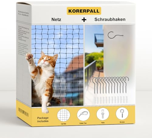 Kattnät för balkong självhäftande krok eller skruvkrok, fönster kattskyddsnät med höghållfast nylon, balkonsnät för katter kattnät utan borrning, kattnät för balkong (12 x 3 m, nät + skruvkrok)