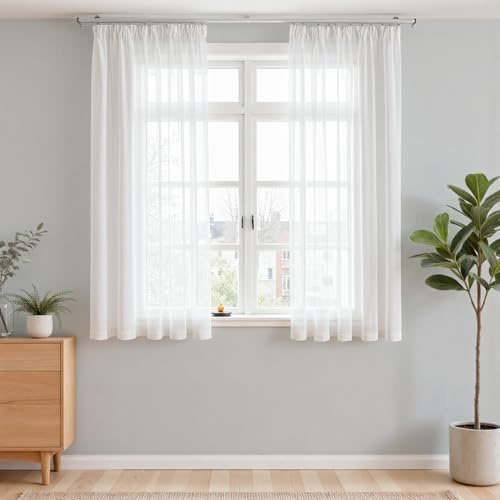 Vangao Gardinen mit Kräuselband Wohnzimmer Voile 2er Set H145 x B140cm Weiß | Modern Halbtransparent Gardinen Kurz Lichtdurchlässig, Küche Schlafzimmer Kinderzimmer Fenster, Sheer Curtains Landhausstil