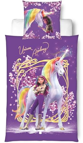 MTOnlinehandel Bettwäsche Unicorn Academy 135x200 - Kinder Geschenkidee, 1x Kissenbezug 80x80 + Bettbezug 135x200, mit Reißverschluss - Sophia & Wildstar