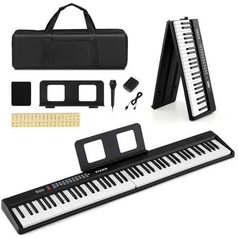 KOMFOTTEU Piano Digital 88 Teclas Plegable con 1000 Ritmos y Micrófono | Teclado Electrónico con 150 Canciones de Demostración, Doble Teclado, Atril y Altavoces