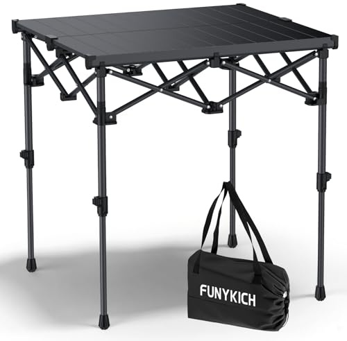 FUNYKICH Tavolo da Campeggio Pieghevole, Altezza Regolabile 2 Posizioni (44/70 cm), Tavolo da Picnic per Barbecue,Struttura in Acciaio X Resistente, Tavolo per Griglia, per Giardino, 67x58 cm, Nero
