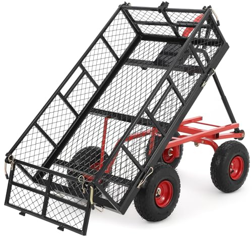 Garvee Chariot de Jardin Transport en Métal Robuste, Capacité 400 kg, Chariot Utilitaire Tractable Extérieur avec Pneus de 25 cm, Grille Amovible, Poignée Pivotante à 180°
