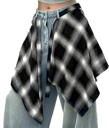 OULIGET Women's Grunge Mini Plaid Skirt,Hip-Hop One-Piece Tie Up Asymmetrical Skirt,Y2k Overlapping Jeans Decorate Skater
