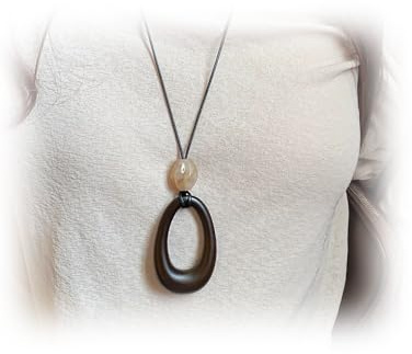 Hollow out circular necklace Boho Black Wood Fish Hook Pendant Necklace with Natural Stone Bead, Nature Inspired Statement Jewelry