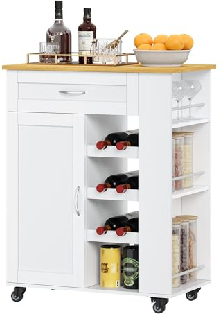 Hzuaneri Kitchen Island on Wheels, Wooden Kitchen Storage Trolley with Drawers and 3 Shelves, Rolling Kitchen Island Cart with Side Wine Rack for Dining Room, Laundry, Living Room White ST03003W