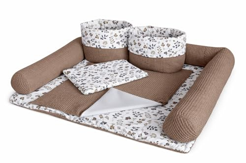 Wickelauflage Set 6-teilig – Wickelunterlage aus Baumwolle & Waffelstoff – Baby Wickelauflage – Geschenk zur Babyparty – Wickeltischauflage – 75x70 cm (Breite x Tiefe), Zweige und braun