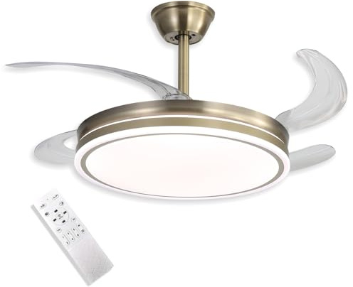 VZLED Ventilador de Techo 42 LED 48W Cuero Bronce – Motor DC Silencioso, Aspas Transparentes retráctiles, 6 Velocidades, Reversible, Mando a Distancia