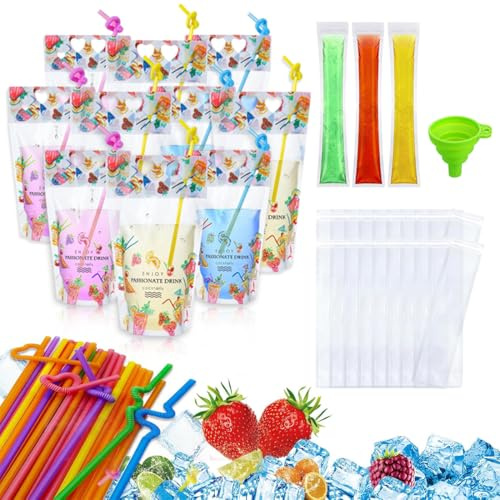 GWEOR 50 Bolsas para Helados y 10 Bolsas de Bebidas de 500ml con Embudo y 10 Pajitas, Moldes para Paletas de Hielo Desechables para Polos Caseros, Yogur y Batidos, Sin BPA, Kit de 71 Piezas