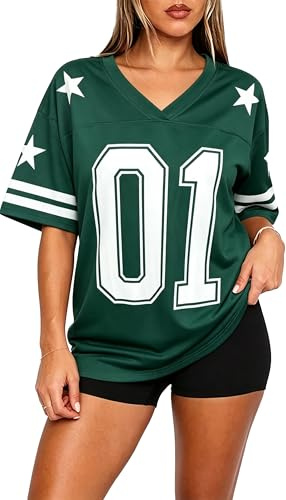 tiorhooe Jersey Tops for Women Number Graphic Oversized V Neck Tee Shirts | Streetwear-Inspired Star Print, Striped Sleeves, Soft Breathable, Relaxed Fit, Easy-Care, Machine Washable, Versatile, Comfy