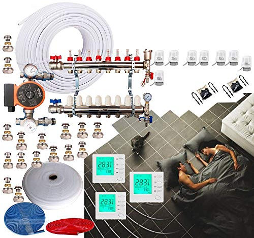 3 Zone 100-105Sqm UnderFloor Heating Kit 8 Port Manifold Blending Set 16mm Pipe WRAS Approved