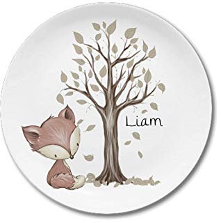 Kinderteller mit Namen, Name Kindergeschirr Waldtiere, Fuchs, tolles Taufgeschenk