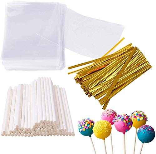 Super Idee 300er Cake Pops Set 100 klein Cellophantüten klar 8 x 12 cm&100 Cake Pops Papierstiele& 100 Metallisch Twistband für Cake Pops Candy bar Süßigkeiten Lutscher Bonbons Geburtstag Kindertag