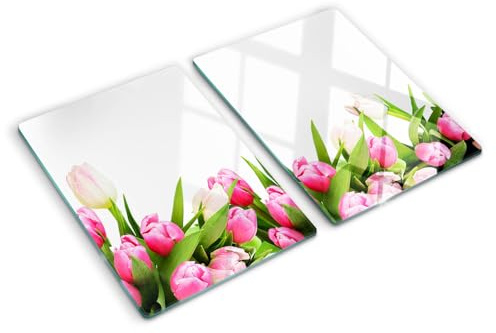 Tulup Tagliere Vetro Temperato - 2x40x52cm - Copri Piano Cottura - Tulipani Rosa