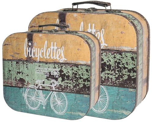 HMF Vintage Koffer aus Holz, Aufbewahrungsbox mit Deckel und Ledergriff, stilvolle Aufbewahrung als Geschenkidee für Hochzeit oder Geburtstag | Deko Fahrrad | 2er Set, 25 + 32 cm