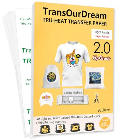 TransOurDream Tru-Transfer Paper T-Shirt Printing 20 Sheets A4 Inkjet Heat Transfers for Light Fabric Printable Vinyl Upgraded 2.0 Iron on Printer Paper for White T-Shirts/Textiles/Clothes