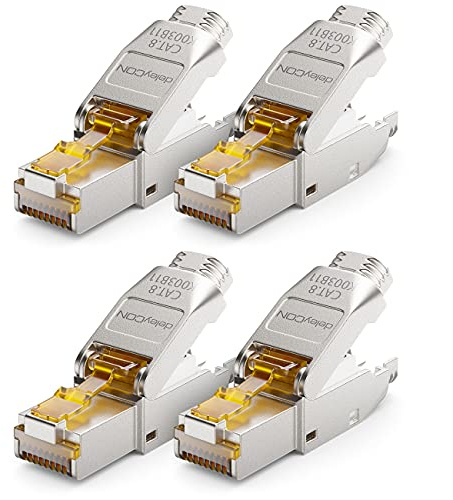 deleyCON 4x CAT 8 Nätverkskontakt RJ45 Verktygsfri Skärmad 40 Gbit/s Nätverk Kontakt för Styva Råkabel Installationskabel Kontakt RJ45 Ethernet LAN DSL Patchkabel