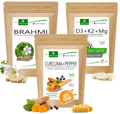 MoriVeda® Produktpaket Brain Power | Brahmi Kapseln, Kurkuma+Pfeffer, Vitamin D3+K2+Mg | Bacoside, Antioxidantien, Vitamine