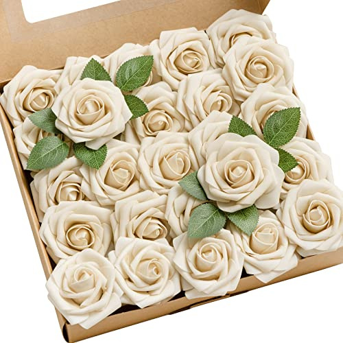 Ling's moment Artificial Flowers 25Pcs Tawny Beige Roses Decor w/Stems,3 DIY Foam Floral for Wedding Bouquet/Centerpieces, Outdoors Party Backdrop, Room/Table, and Garden/Pot Decorations