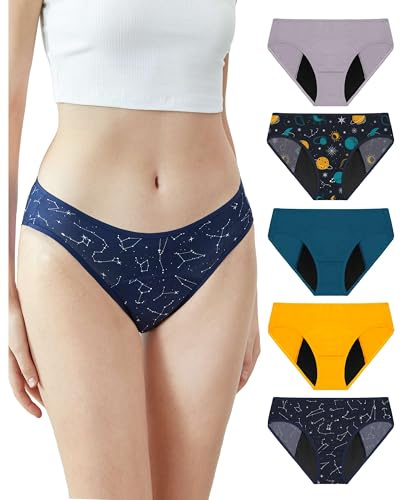 Neione Period Underwear for Women, Leakproof Menstrual Panties High Cut Cheeky Bikini Briefs Postpartum Undies Soft Stretch Comfortable 5 Pack Galaxy X-Large