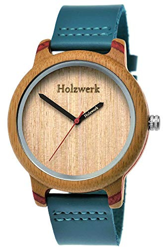 Holzwerk Germany Handgefertigte Designer Damen-Uhr Herren-Uhr Öko Natur Holz-Uhr Leder Armband-Uhr Analog Klassisch Quarz-Uhr in Blau Türkis Rot Braun (Türkis..)