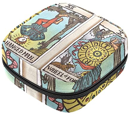 Hängender Mann und Rad des Glücks, Tarotkarten, Illustration, Damen-Servietten-Aufbewahrungstasche, tragbare Perioden-Tasche Menstruationstassen-Tasche, Stilleinlagen-Halter