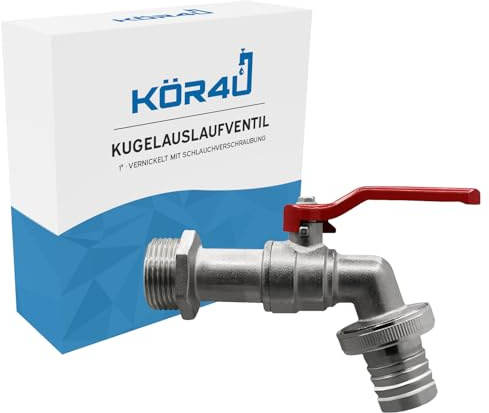 kör4u Kugelauslaufventil Messing 1 Zoll, vernickelt, mit Schlauchverschraubung, roter Hebel, Wasserhahn, geeignet für Haushalt-, Gartenbereich