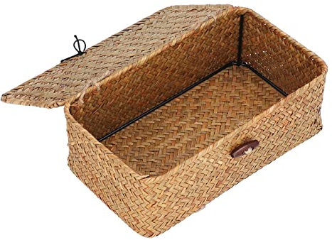 HYWHUYANG Aufbewahrungskorb aus geflochtenem Rattan, Handgeflochtene Rechteckige Aufbewahrungsboxen, Natürliche Algenkörbe Mit Deckel, Korbhalter aus Weide Mit Hoher Kapazität(L)