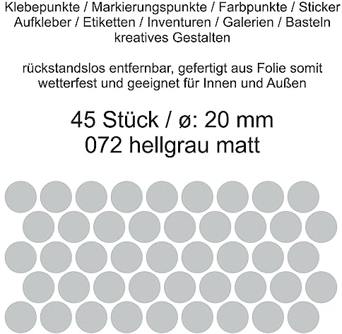 Aufkleber Etiketten Klebepunkte aus Folie 45 Stück grau hellgrau rund 20 mm selbstklebend farbig wetterfest Decal Markierungen Organisieren DIY basteln verzieren Modellbau Scrapbooking