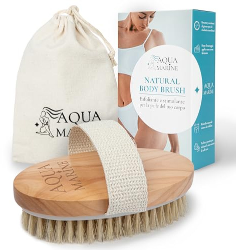 AQUA MARINE Spazzola Corpo a Secco con Setole di Cinghiale Naturali – Spazzola Corpo Esfoliante Anticellulite per Spazzolatura a Secco