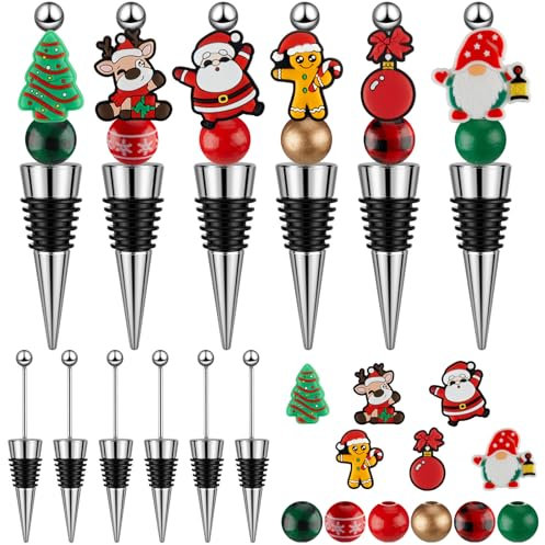 Tandefio 24 Sets Weihnachten Beadable Weinflaschenverschlüsse, Weihnachten Beadable Artikel Bulk und Wiederverwendbare Weinflaschenkorken für Weihnachten Urlaub Hochzeit Party Dekor, Weinzubehör für