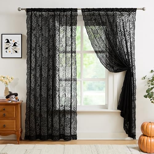 Jubilantex Spitzenvorhänge, Vintage-Blumenmuster, Spitze, Fenstervorhänge mit gewelltem Rand für Schlafzimmer, halbtransparente Vorhänge, Stangentasche zur Dekoration, 6,6 x 160 cm, Schwarz