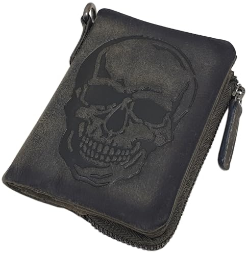 myledershop Büffel-Vollleder Geldbörse/Geldbeutel/Portemonnaie/Portmonaise/Geldtasche/Portmonee mit Totenkopf-Motiv und RFID & NFC Schutz (Totenkopf-Motiv/Vintage-Grau)