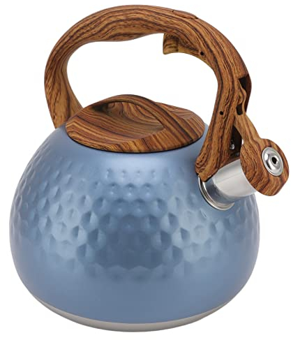HERCHR Bouilloire à Thé Sifflante, Bouilloire en Acier Inoxydable De Grande Capacité De 3 litres, Théière à Commande Unique avec Poignée à Motif en Bois pour Café, Thé, Lait(Bleu)