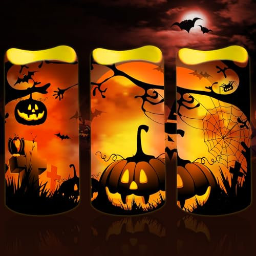 TOPJOWGA LED Halloween Kerzen, 3 Stück Halloween Flammenlose Kerzen, Kerzenlicht mit 6H Timer, LED Flammenlose Kerzen Batterie Dekoration für Tischdeko Halloween Party