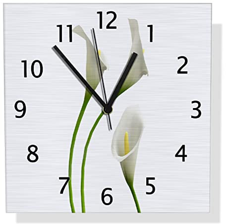 Wallario Design Wanduhr Callas weiß gelb aus Aluverbund, Alu-Uhr Größe 30 x 30 cm, Schwarze Zeiger mit Metalloptik