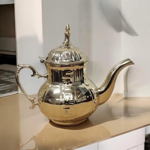Théière arabe fabriquée en acier inoxydable avec filtre intégré authentique traditionnel, modèle gravé avec design classique arabe doré 1,2 l (doré)