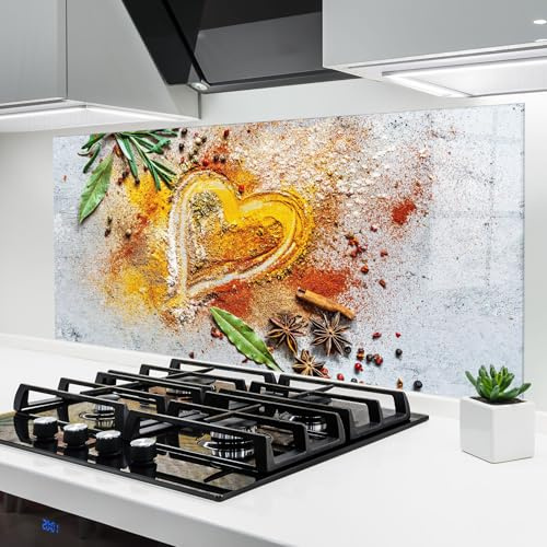 ARTHUB® Küchenrückwand aus Glas 60x150 cm, 4mm ESG | Spritzschutz, Glasplatte, Herdspritzschutz, Wandschutz für Herd, Hartglas, Lebensmittel, Gewürze, Heart Spice Powders