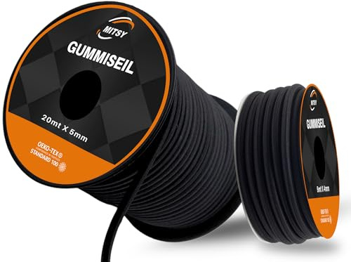 MITSY Gummiseil 5 mm 20 Meter Schwarz Expanderseil Spannseil | Wetterfest, 80% Dehnung, Elastisch, Reißfest & Stark, für Sonnensegel, Planen, Anhänger, Camping, Langlebig & Formstabil