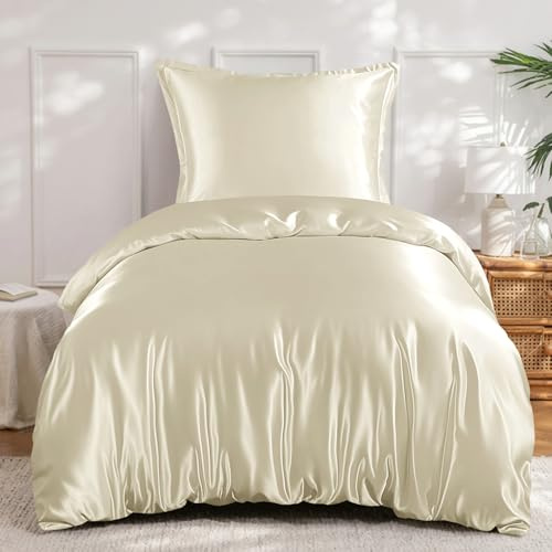 RUIKASI Satin Bettwäsche 135x200 Beige - Seidig Luxus Bettbezug mit Glanz wie Seiden Bettwäsche Set für Haar und Haut, Glänzend Bettwäsche 135x200cm mit Reißverschluss und Kissenbezug 80x80cm