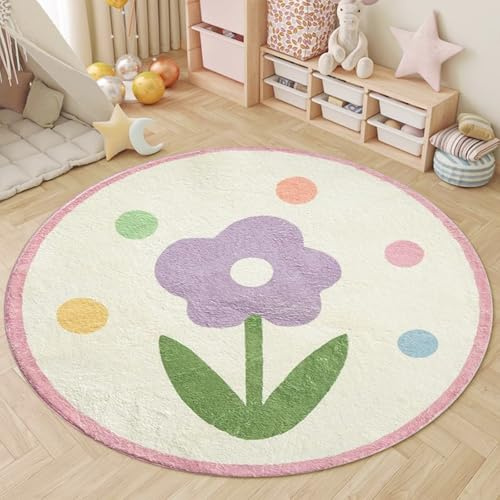 AIMECO Kinderteppich Rund 120CM Weicher Kuscheliger Carpet Wohnzimmer Teppichen Mädchen Schlafzimmer Kinderzimmer Dünn Pflegeleicht Teppiche Motiv Lila Blumen