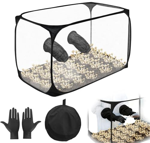 Transparent Foldable Still Air Box with Gloves - 90x60x60cm, Mushroom Grow Tent, Mushroom Growing Box Kit, Portable Plant Mycology Spores Home Scientist Propagation Station for Mushroom Lover, Black