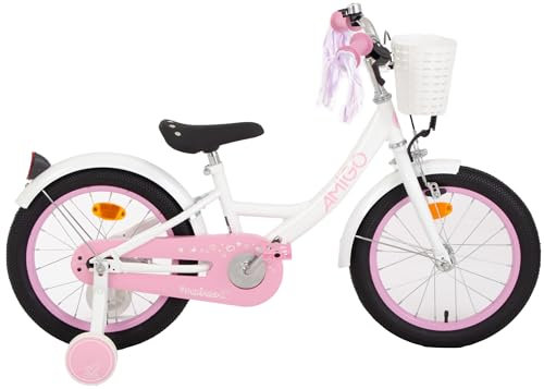 AMIGO Perfect - Kinderfahrrad Mädchen - 16 Zoll - Mit Rucktrittbremse und V-Brake und Stützräder - ab 4-6 Jahr - Weiß/Rosa