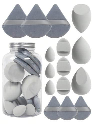 HonFitat Lot de 15 éponges de maquillage en forme d'œuf avec flacon de rangement - Éponges pour fond de teint - Accessoires de maquillage (gris)