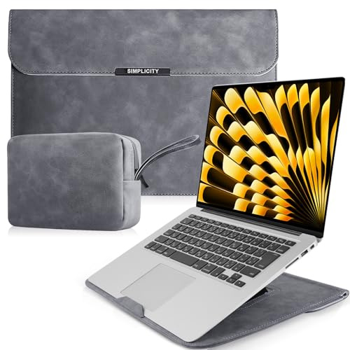 HeeYeal 15-16 Zoll Laptop Sleeve Laptophülle für MacBook Pro/Air (Grau) | für MacBook Pro 16 M5/M4/M3/M2/M1 Pro/Max 2026-2019, MacBook Air 15 M5/M4/M3/M2, mit Standfunktion PU Leder Laptoptasche