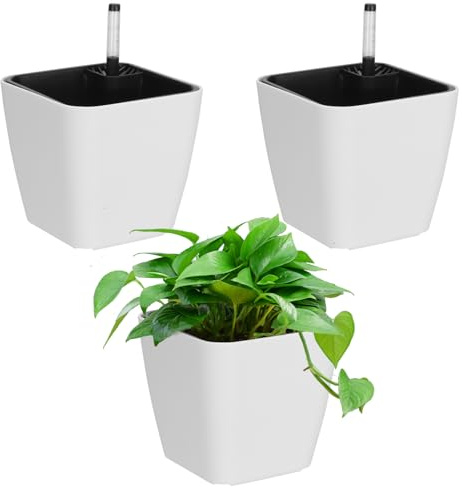 SEUICYNE 3 Stück 14cm Selbstbewässerung Blumentopf Plastik, Eckig Selbstbewässerungstopf mit Wasseranzeiger Weiß Kräuter Selbstbewässerung Pflanzentopf Kunststoff für Außenbereich Innen