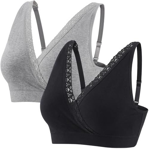 ZUMIY Reggiseno per Allattamento Gravidanza per Dormire Top, Reggiseno in Cotone Spalline Regolabili (IT, Testo, XL, Regular, Regular, Black+grey/2pack)